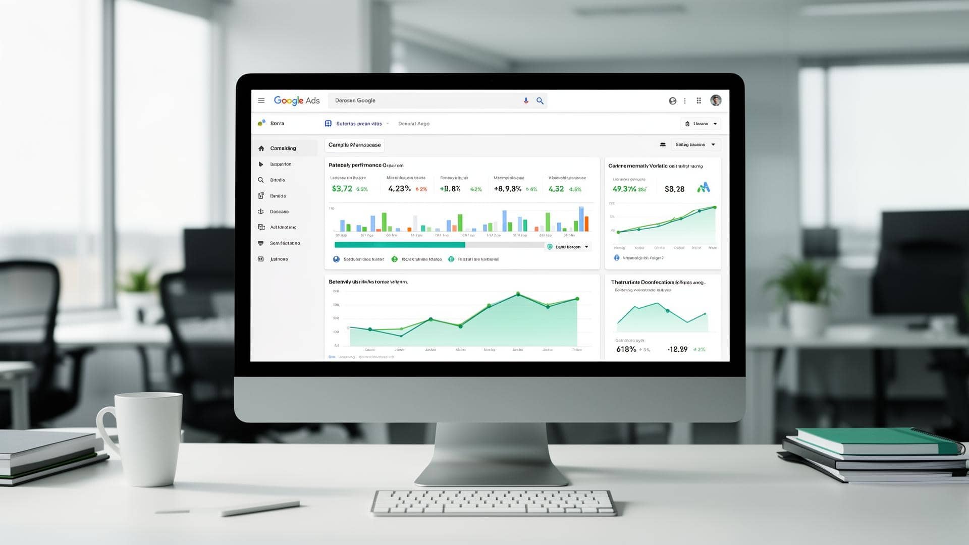Écran d'ordinateur affichant un tableau de bord de campagnes Google Ads sur un bureau