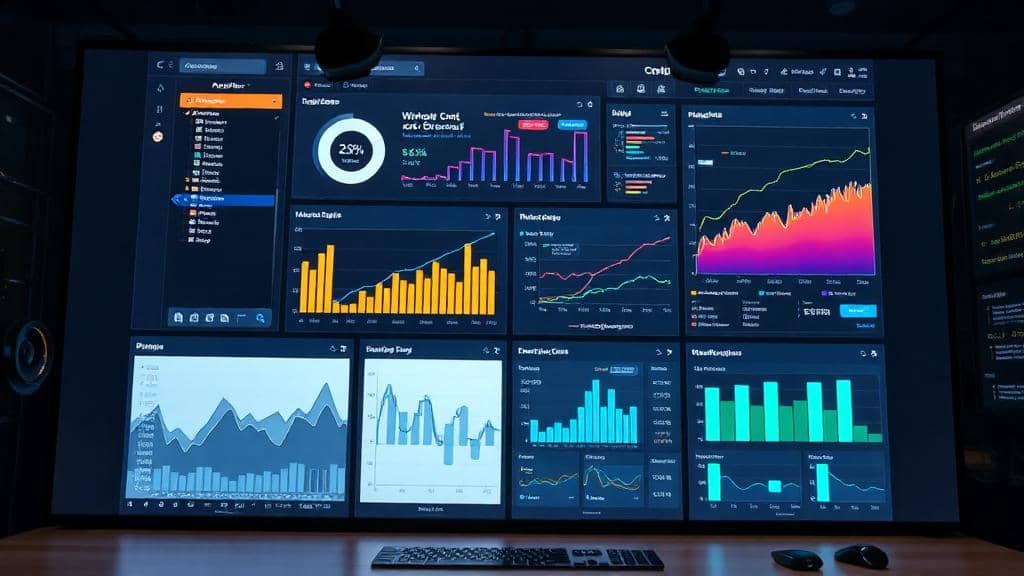Grand écran affichant un tableau de bord d'application web avec graphiques et indicateurs