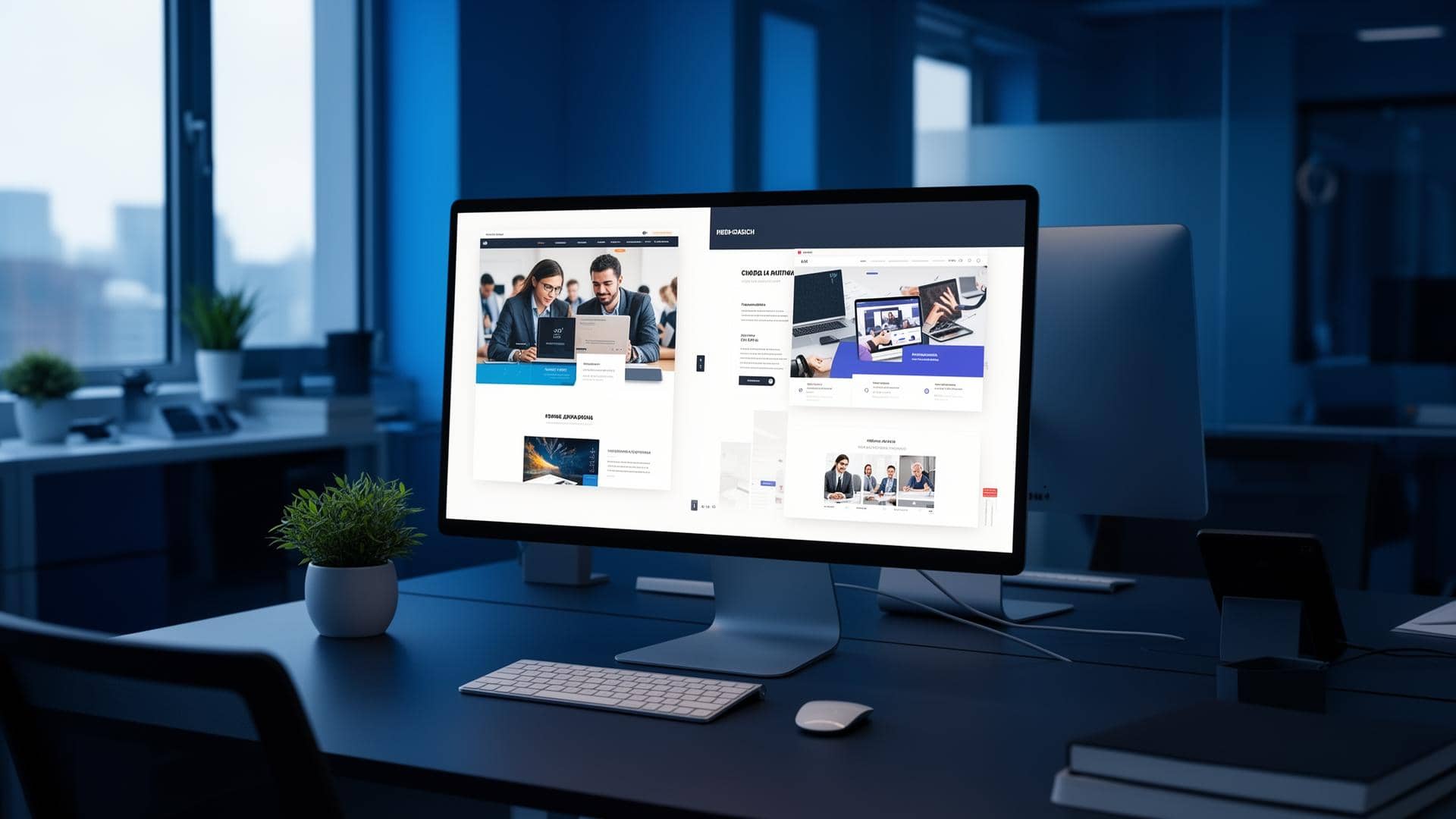 Écran d'ordinateur affichant la maquette d'un site web professionnel dans un bureau