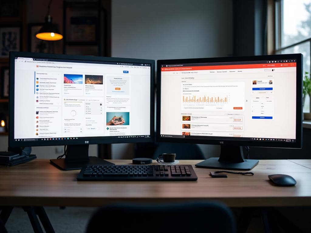 Deux écrans sur un bureau affichant des pages de sites web en cours de refonte