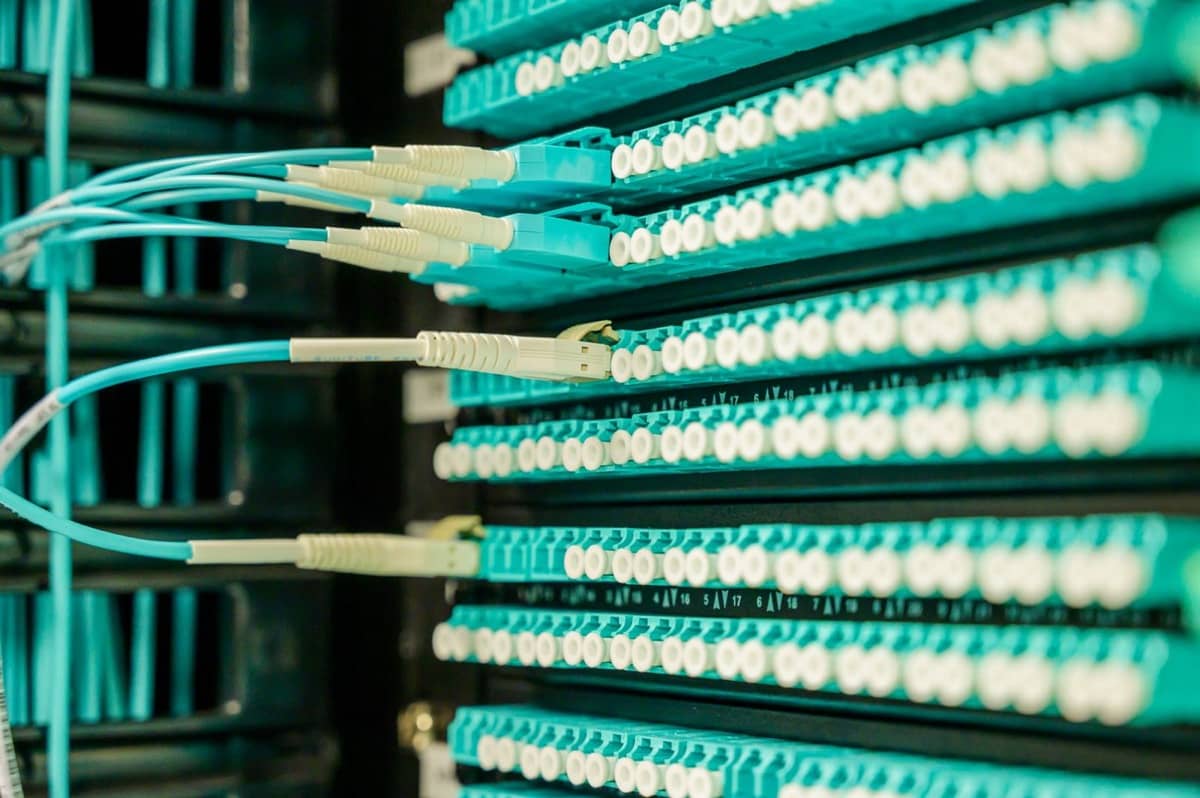 Câbles réseau branchés sur les panneaux de brassage d'une baie informatique